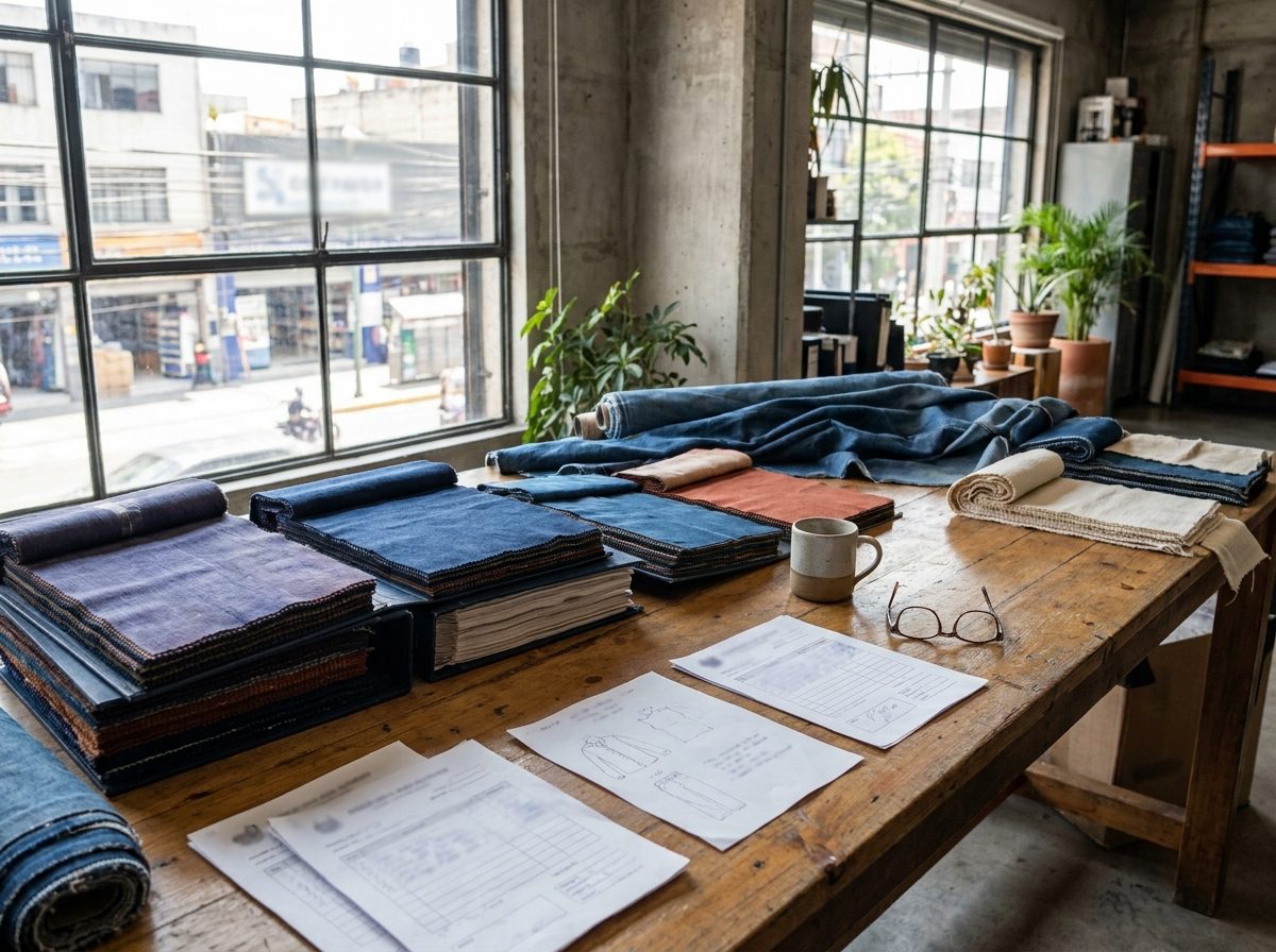 Mesa de revisión de textiles y fichas de producto